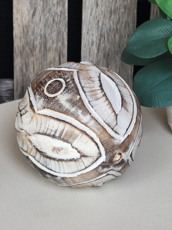 Other - Hand-Carved Decorative Wood Sphere - White and Brown Home Accent